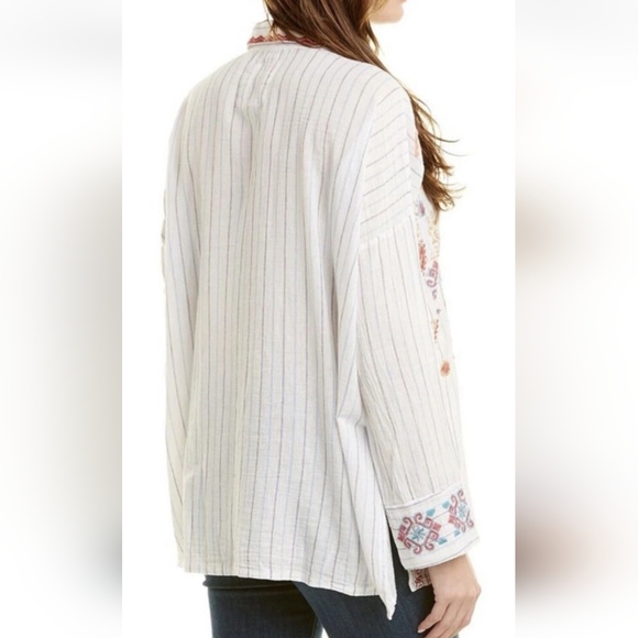 Johnny Was Peta & Greta Clapton Stripe Aztec Embroidered Linen Tunic Medium - Picture 2 of 9